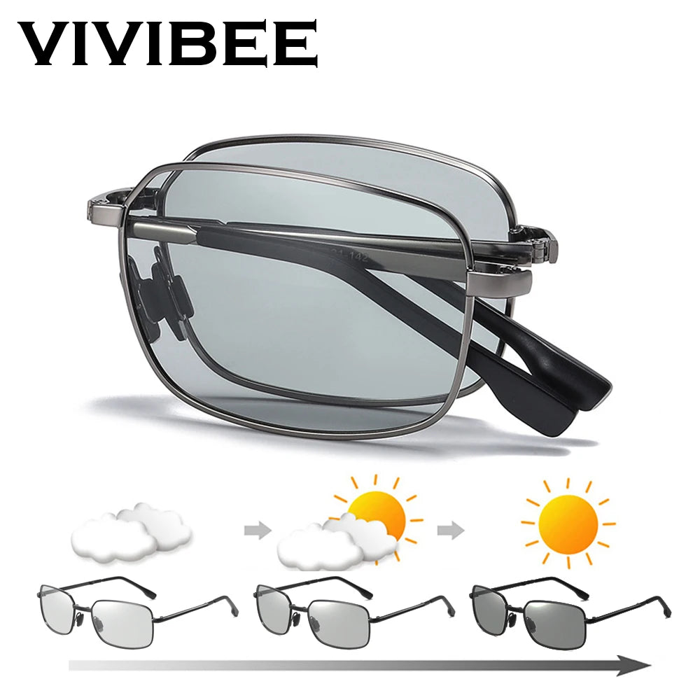 VIVIBEE Men Folding Photochromic Sunglasses with Polarized Lens Rectangle Metal Summer Male Shades 2024 Trending Products