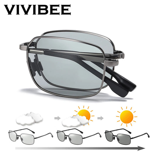 VIVIBEE Men Folding Photochromic Sunglasses with Polarized Lens Rectangle Metal Summer Male Shades 2024 Trending Products