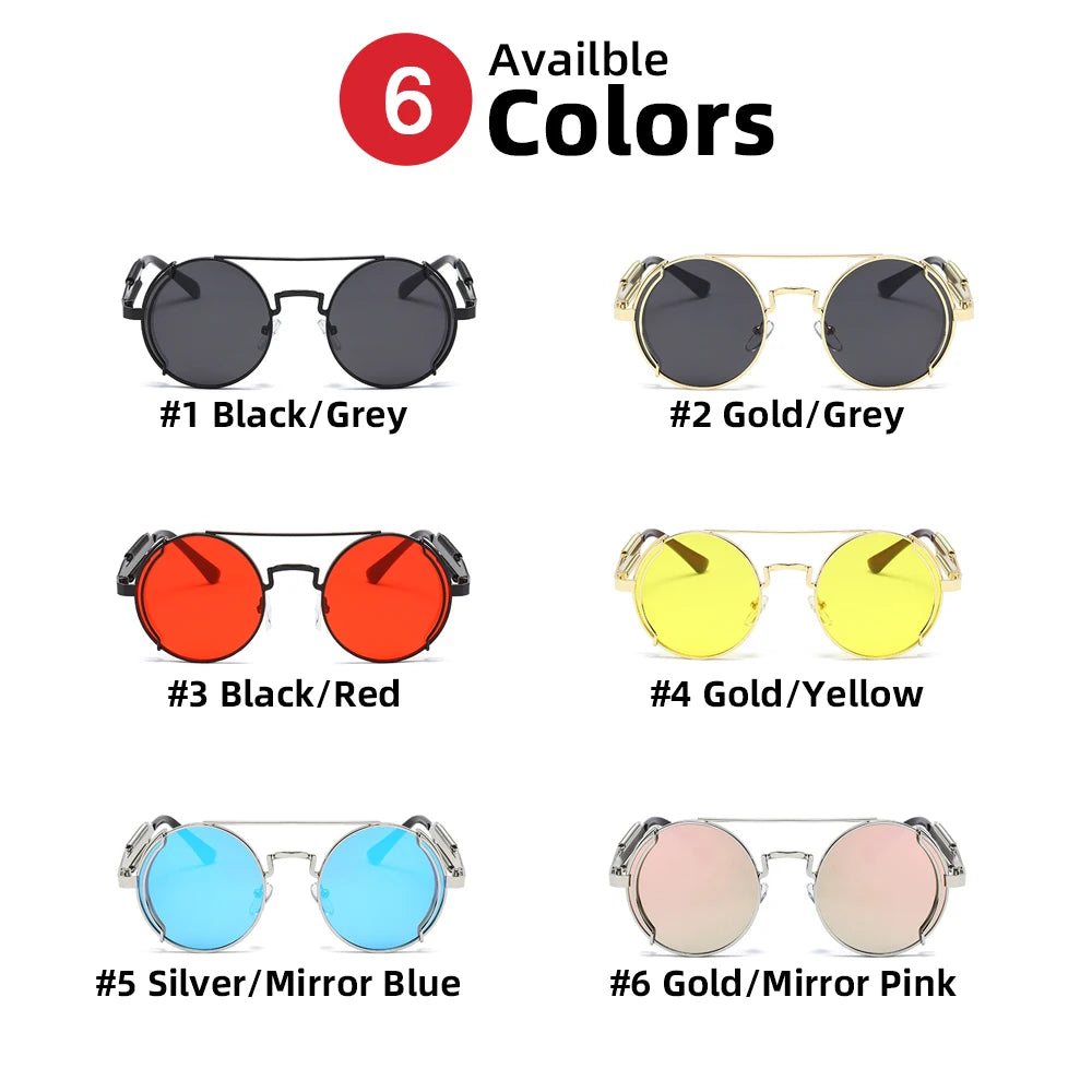 VIVIBEE Steampunk Sunglasses Men Round Red Lens Punk Sun Glasses Black Metal Gothic Style 2024 New Products Women UV400 Shades