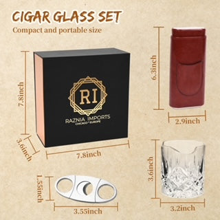 Luxurious Cedar Lined Cigar Case and Unique Design Whiskey Glass with Cigar Cutter Set