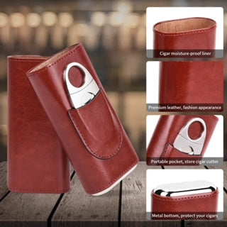 Luxurious Cedar Lined Cigar Case and Unique Design Whiskey Glass with Cigar Cutter Set