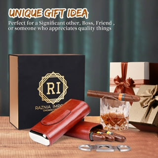 Luxurious Cedar Lined Cigar Case and Unique Design Whiskey Glass with Cigar Cutter Set