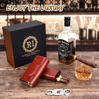 Luxurious Cedar Lined Cigar Case and Unique Design Whiskey Glass with Cigar Cutter Set