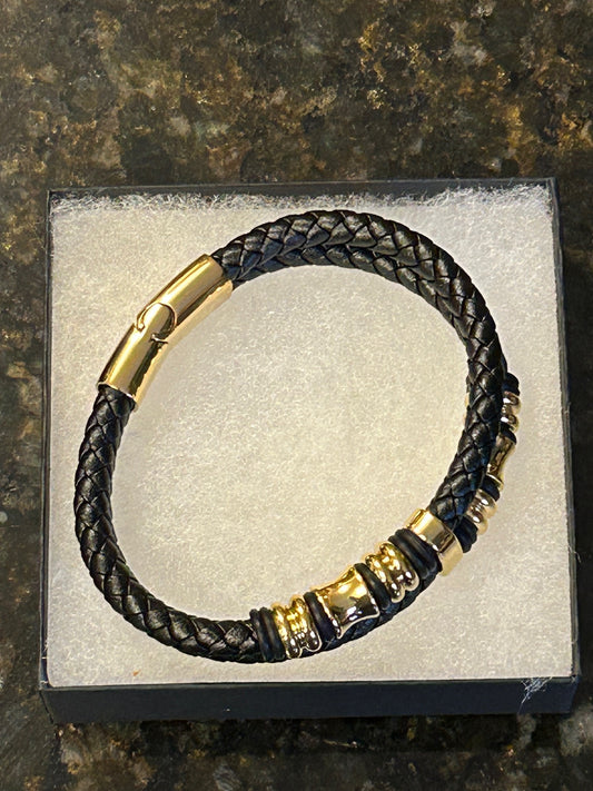 Men's Leather Gold Steel Bracelet