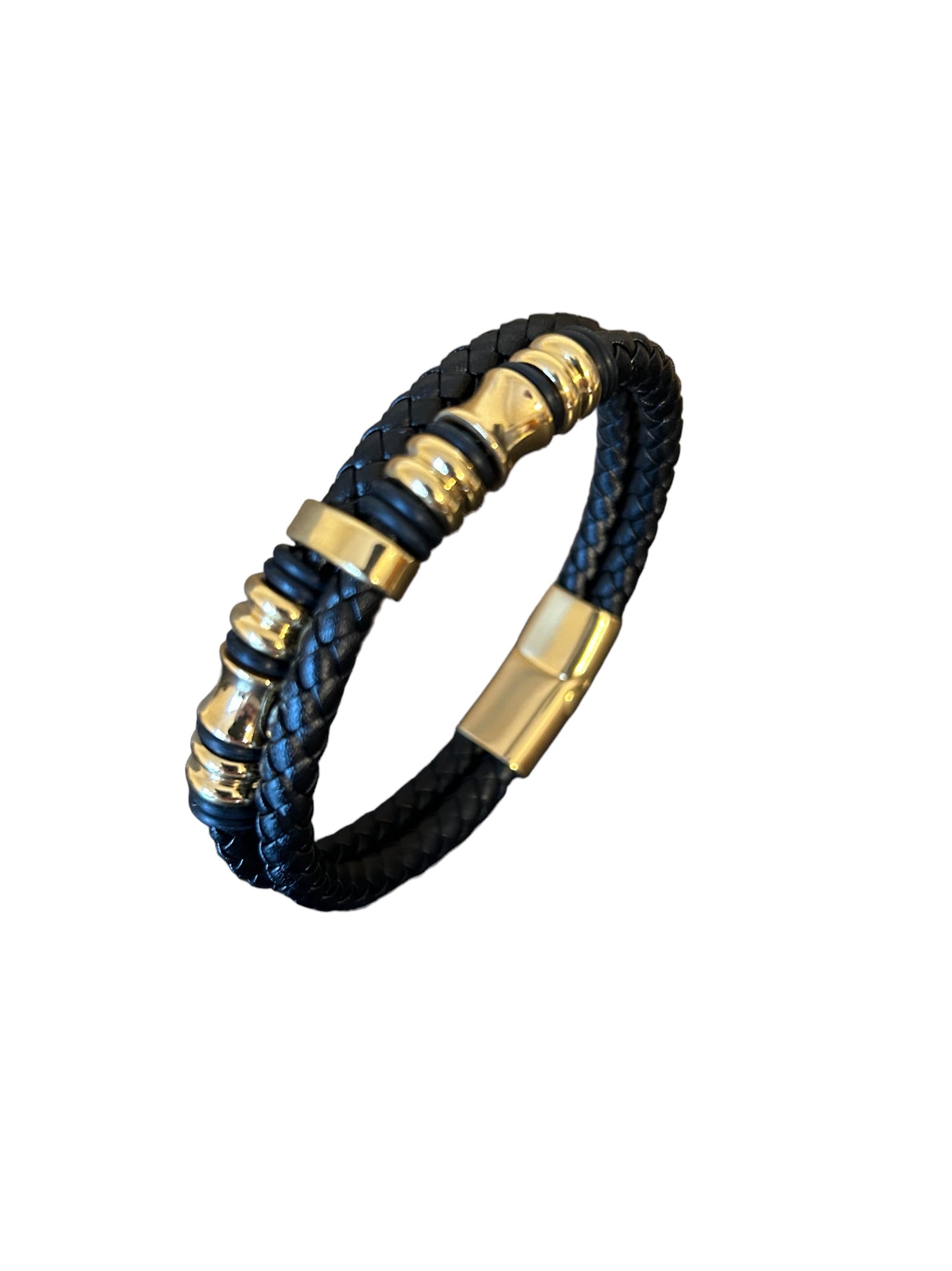 Men's Leather Gold Steel Bracelet