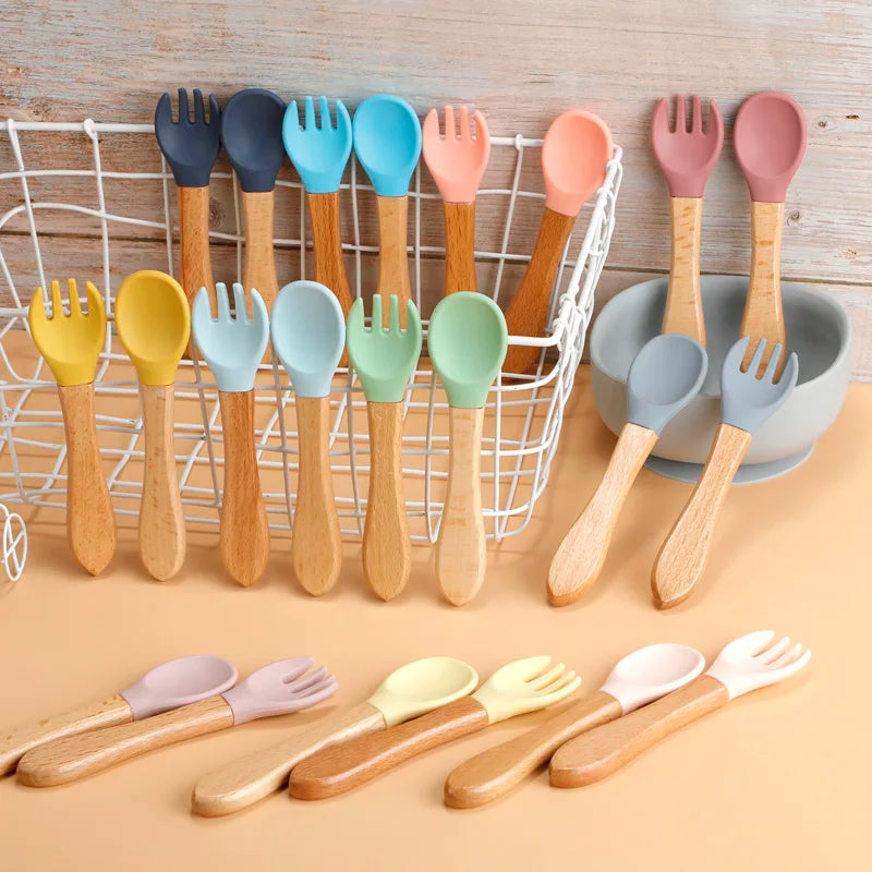 2pcs/set Food Grade Silicone Mini Fork Spoon For Baby Wooden Print Utensils Set Feeding Spoon Learn To Eat Children's Tableware