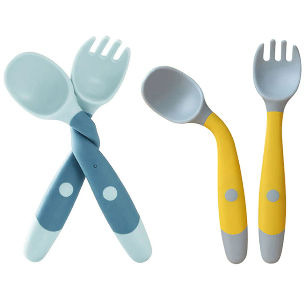 Silica Gel Auxiliary Food Bendable Eat Training Children Tableware Set Silicone Spoon Fork Learn To Eat Baby Utensils Set