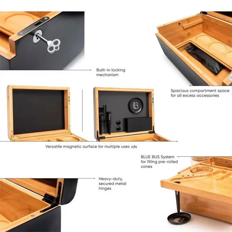 Large Bamboo Wooden Stash Box with Rolling Tray Weed Tray Kit with Removable Divider Wood Storage Set Smoking Accessories