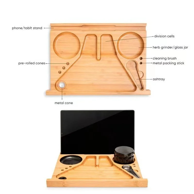 Large Bamboo Wooden Stash Box with Rolling Tray Weed Tray Kit with Removable Divider Wood Storage Set Smoking Accessories