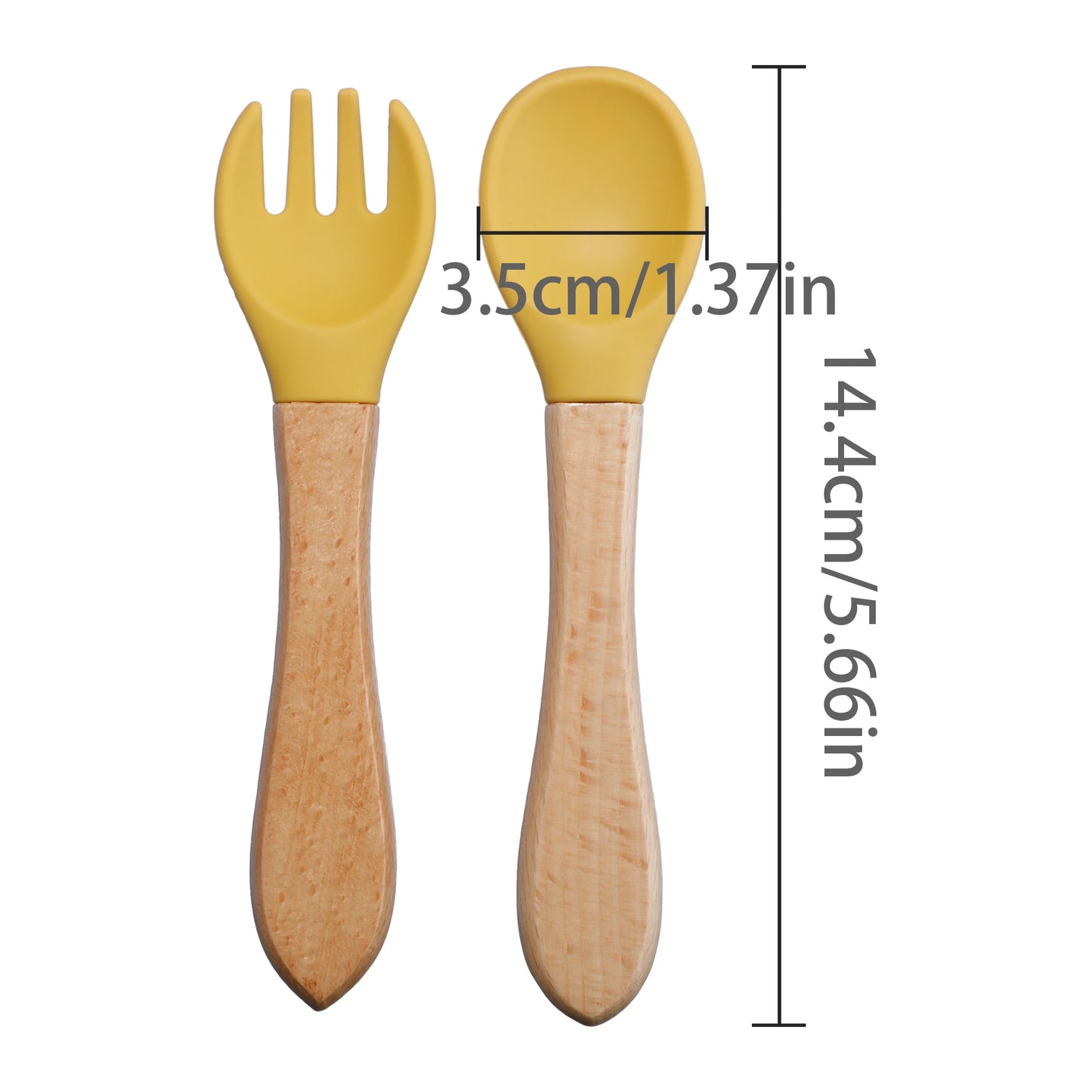 2pcs/set Food Grade Silicone Mini Fork Spoon For Baby Wooden Print Utensils Set Feeding Spoon Learn To Eat Children's Tableware